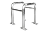 Søjlebeskytter lavet af Ø60 mm rør. Dimensioner: 500x500 mm. Højde 600 mm. på bundplade. galvaniseret (leveres i 4 dele)